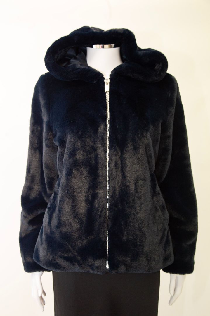 Claudie Pierlot Faux Fur Hooded Jacket Navy 10