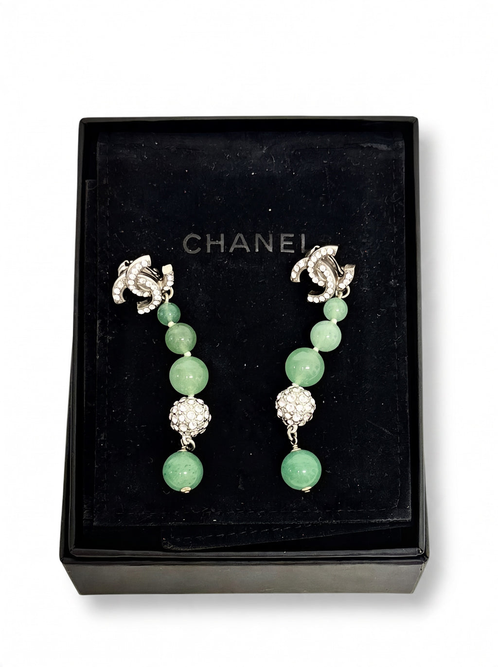 Chanel CC Crystal/ Jade Drop Earrings Green
