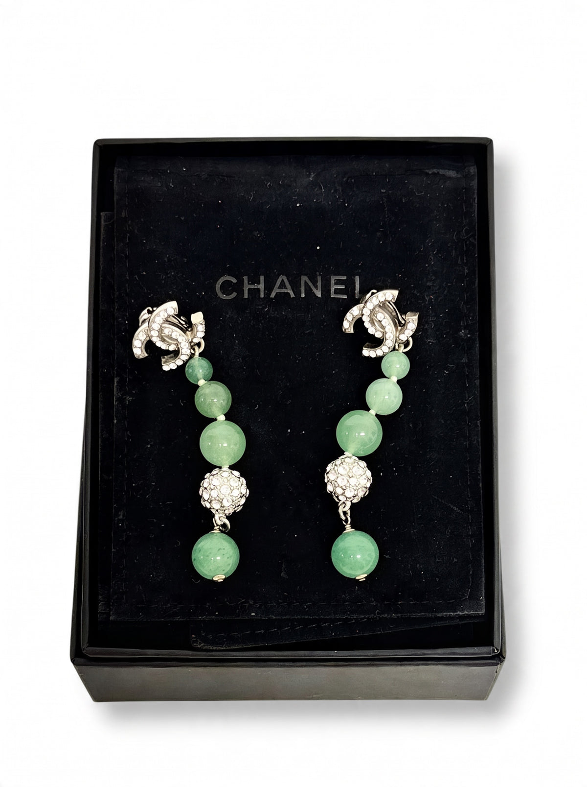 Chanel CC Crystal/ Jade Drop Earrings Green