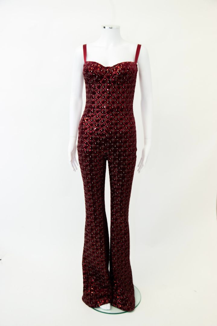 Nadine Merabi S/S Embroidered Sequin Jumpsuit Red/ White S