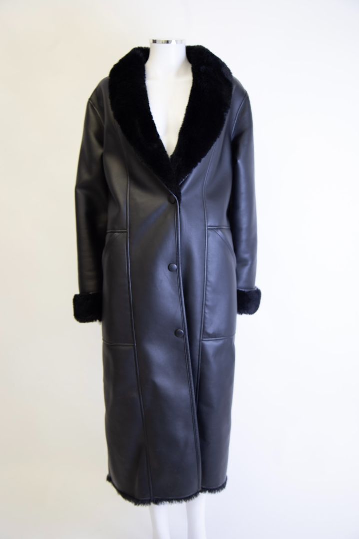 Eaves Fur lined faux leather long coat Black M