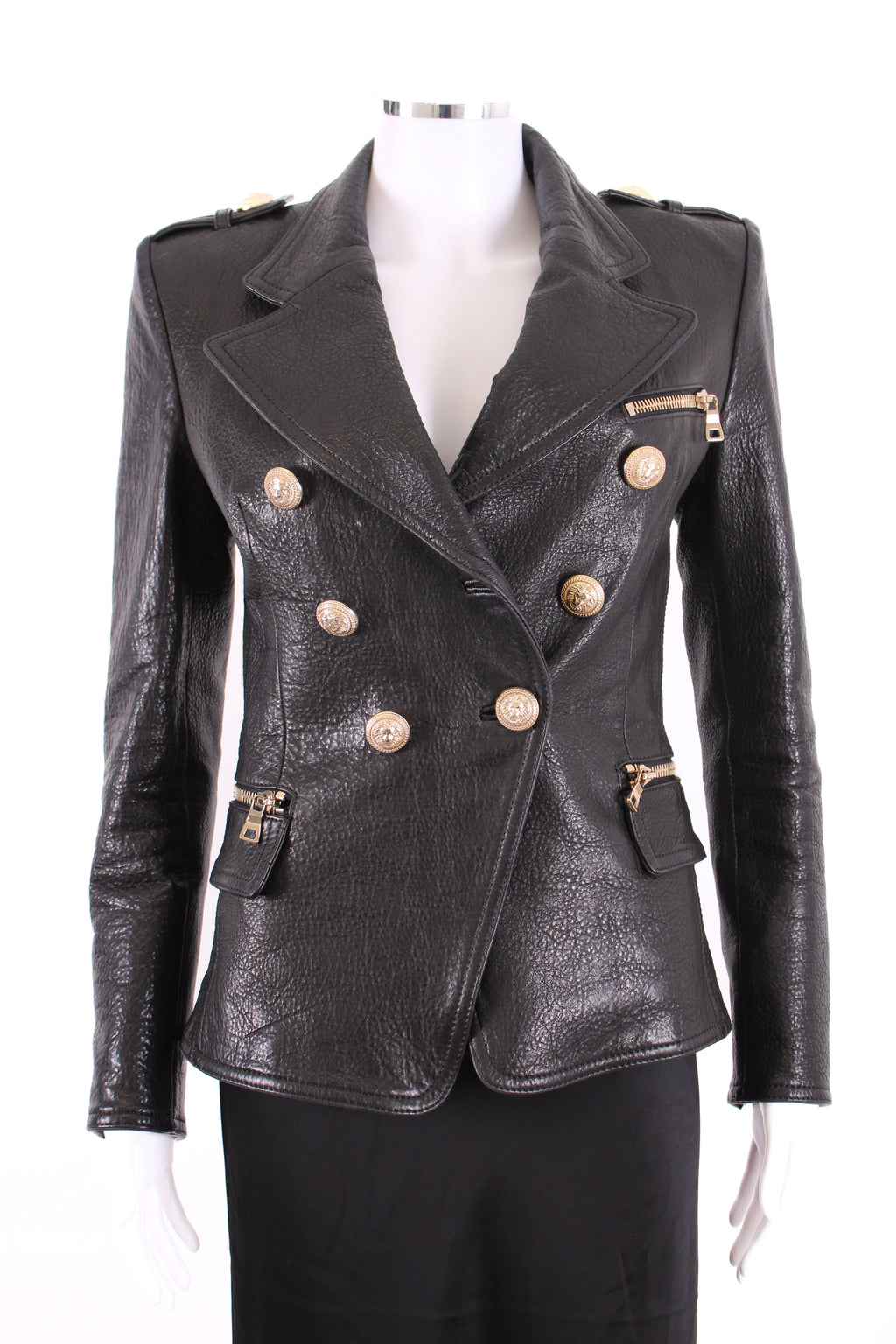 Balmain Leather Military Jacket Black 10