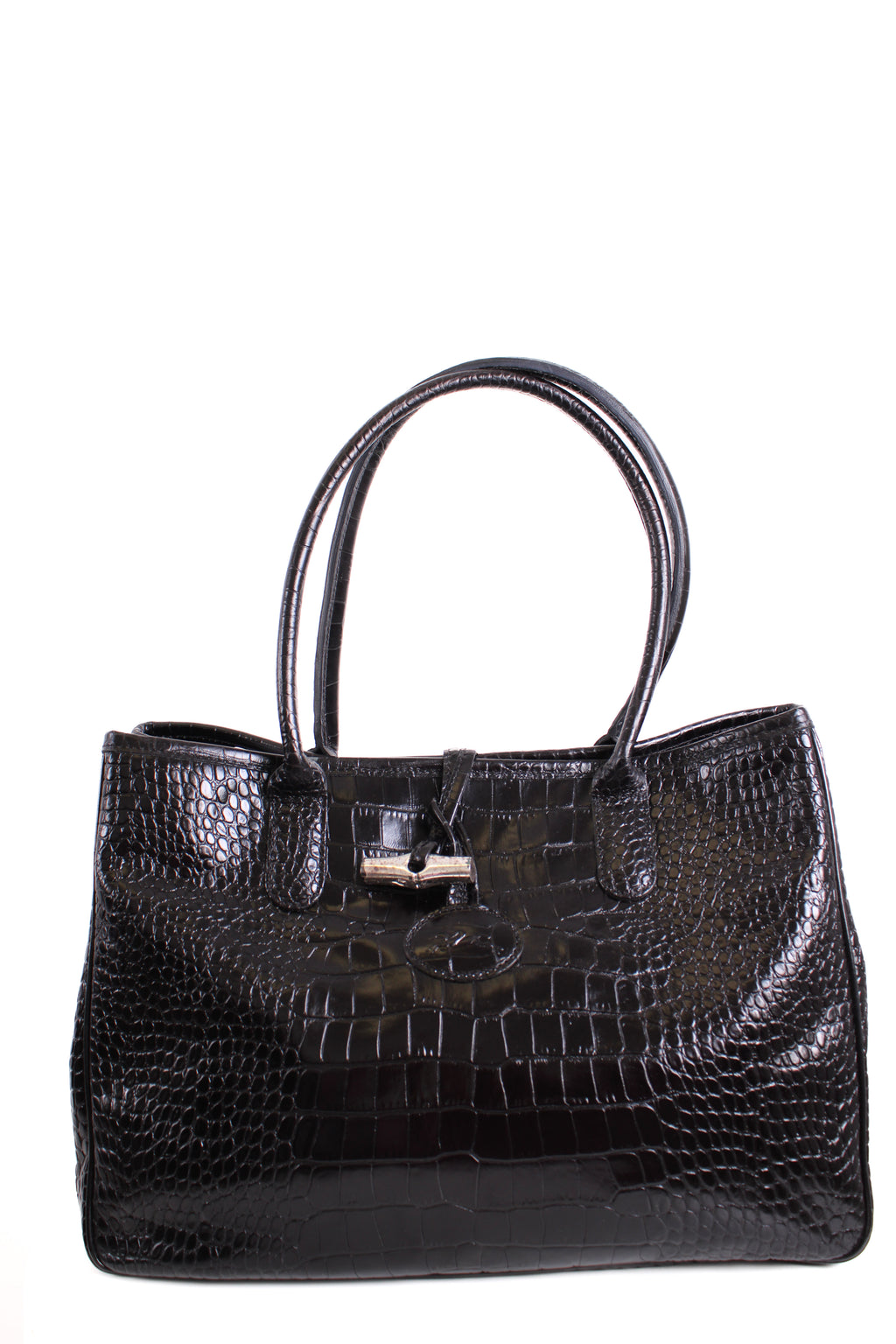 Long Champ Croc Leather Tote Bag Black Small