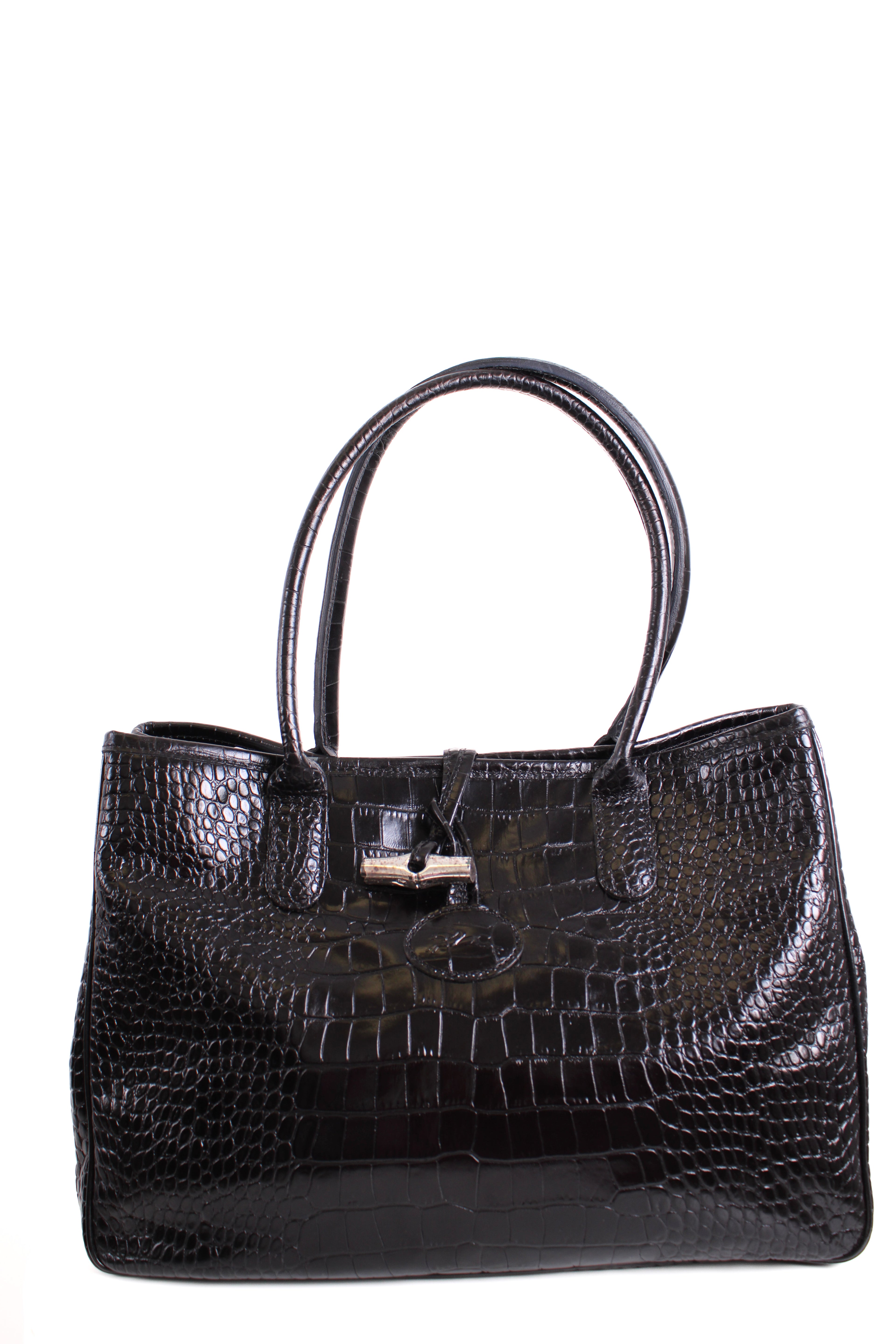 Long Champ Croc Leather Tote Bag Black Small