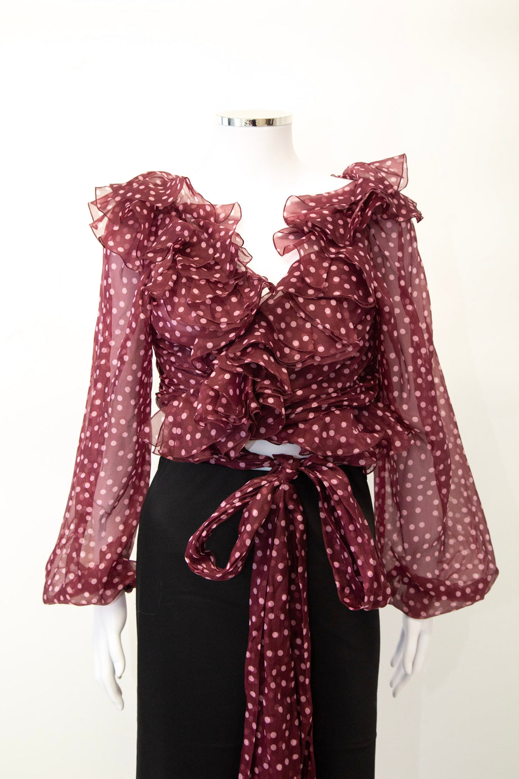 Dolce & Gabbana L/S Ruffle Polka Dot Wrap Blouse Burgundy/ Pink L
