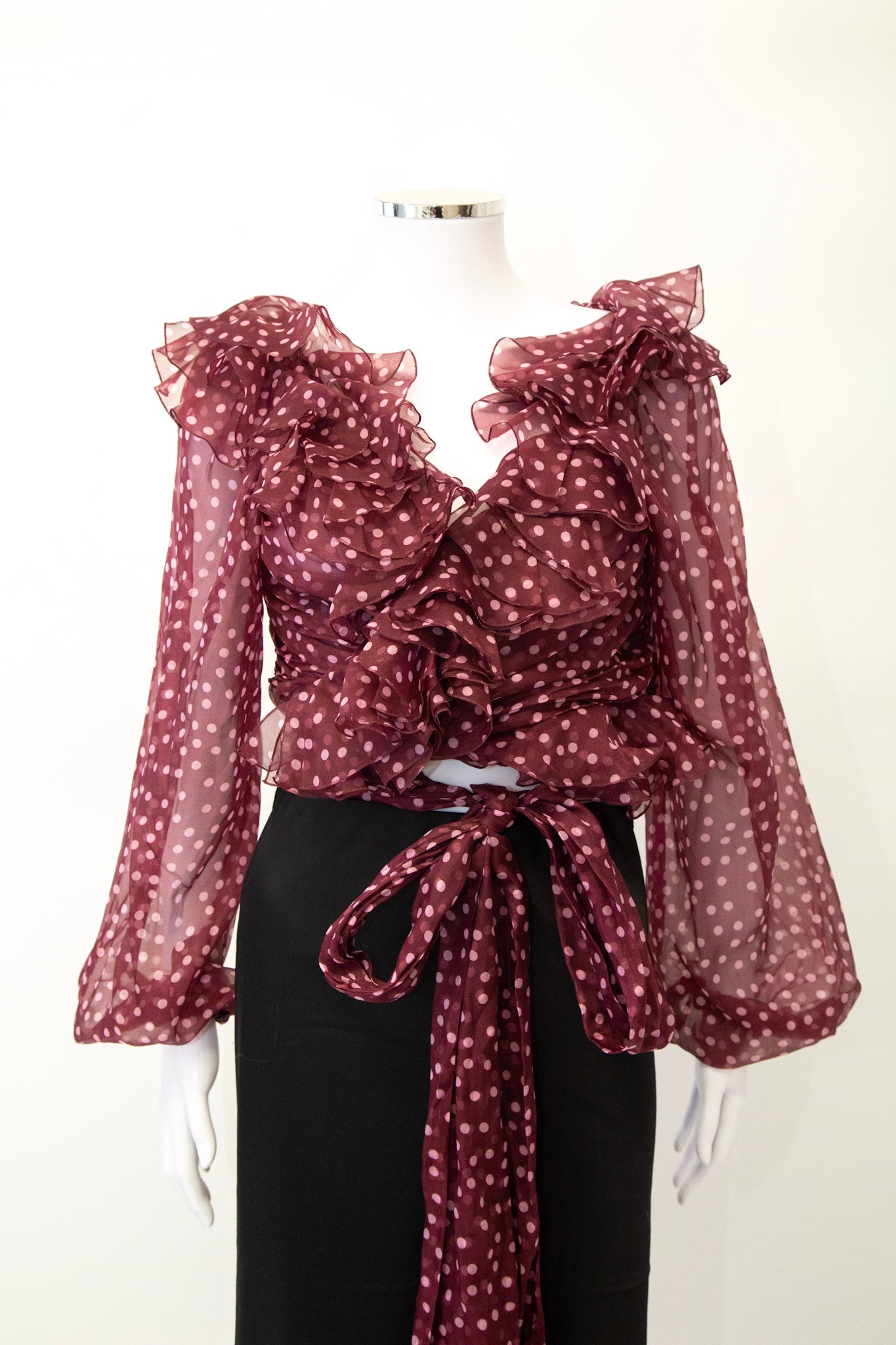 Dolce & Gabbana L/S Ruffle Polka Dot Wrap Blouse Burgundy/ Pink L