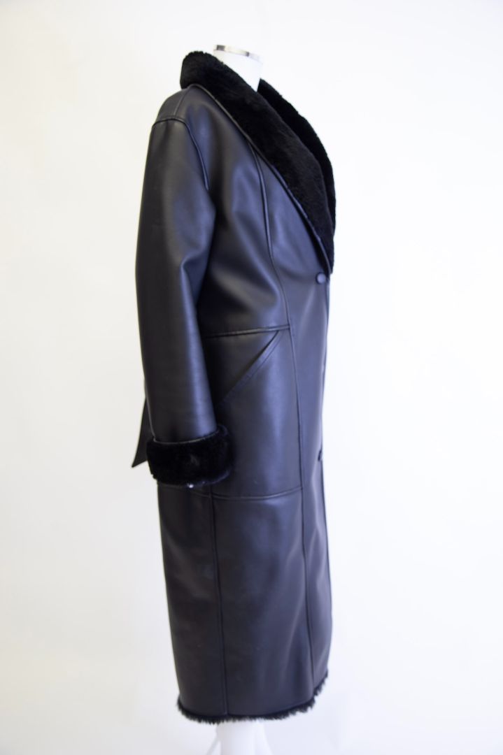 Eaves Fur lined faux leather long coat Black M