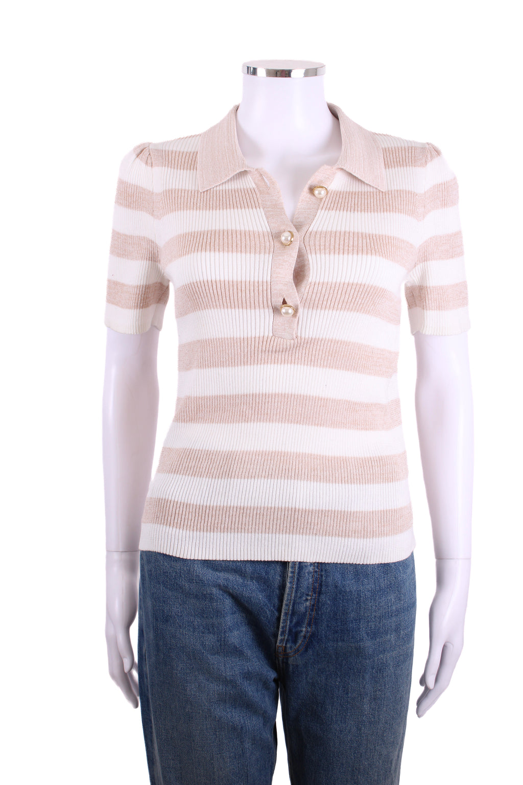 ME+EM S/S Stripe Rib Polo Top Beige/ Cream S