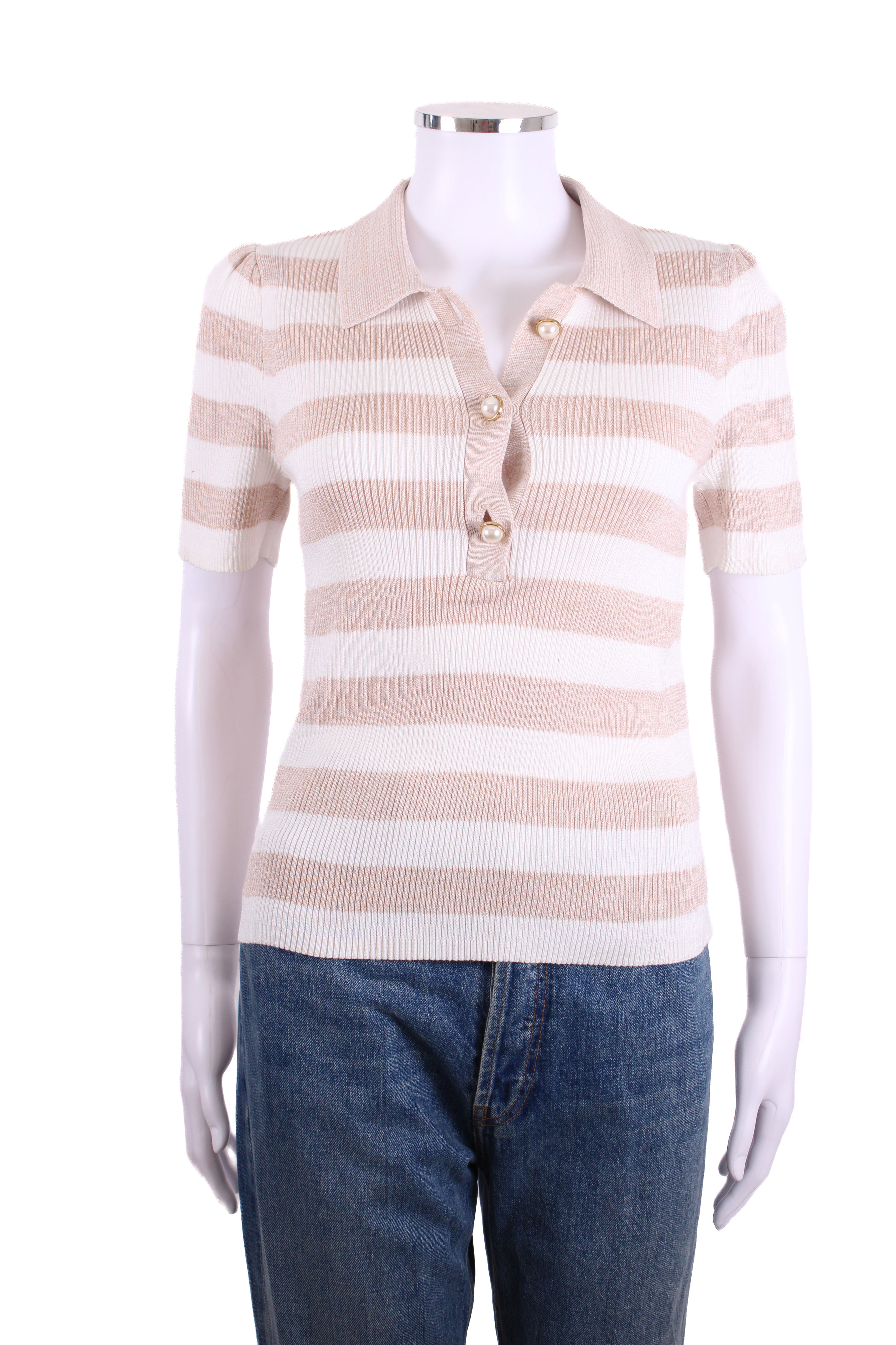 ME+EM S/S Stripe Rib Polo Top Beige/ Cream S