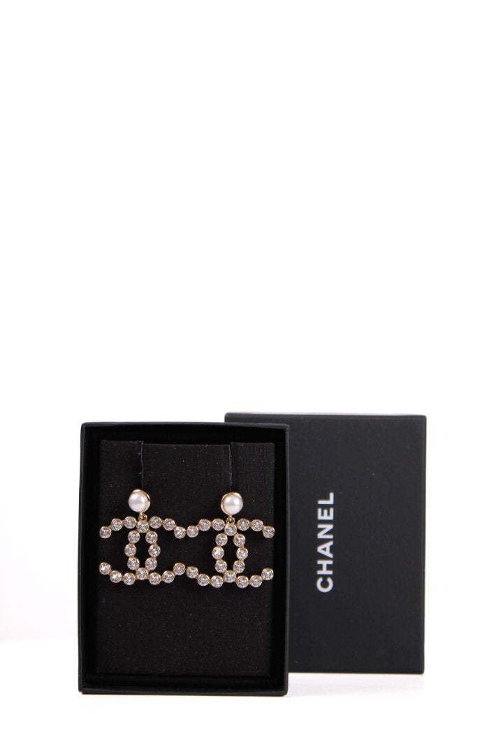 Chanel CC Faux Pearl Crystal Earrings Gold Colour