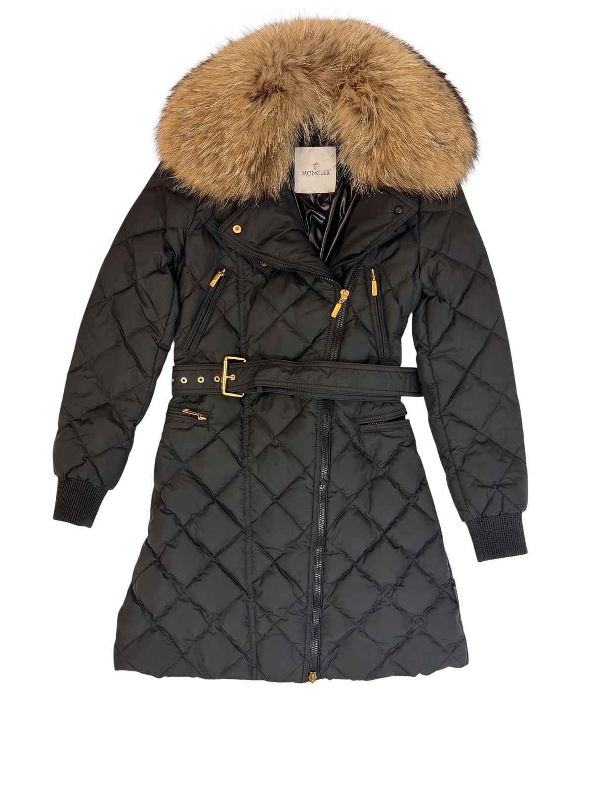 Moncler Fur Trim Quilted Coat Black 6