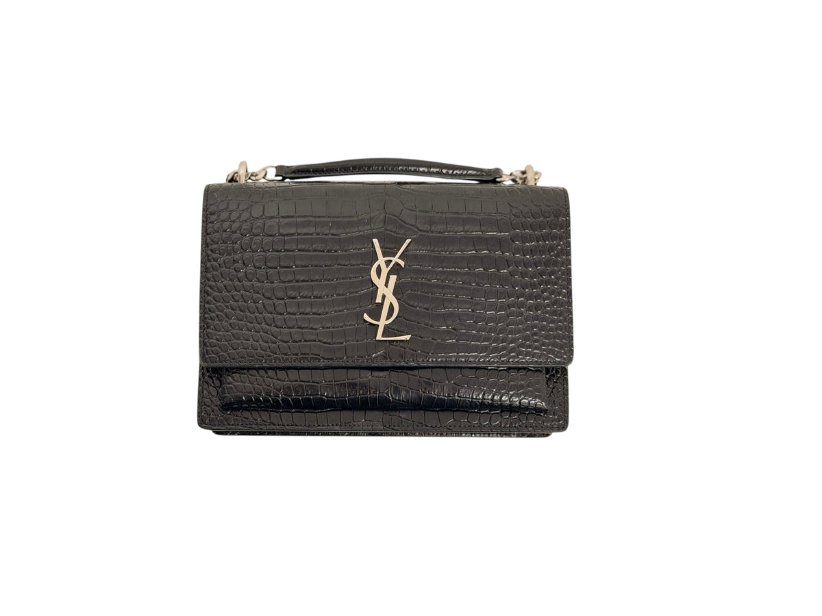 Saint Laurent Sunset Croc Embossed Bag Black Medium