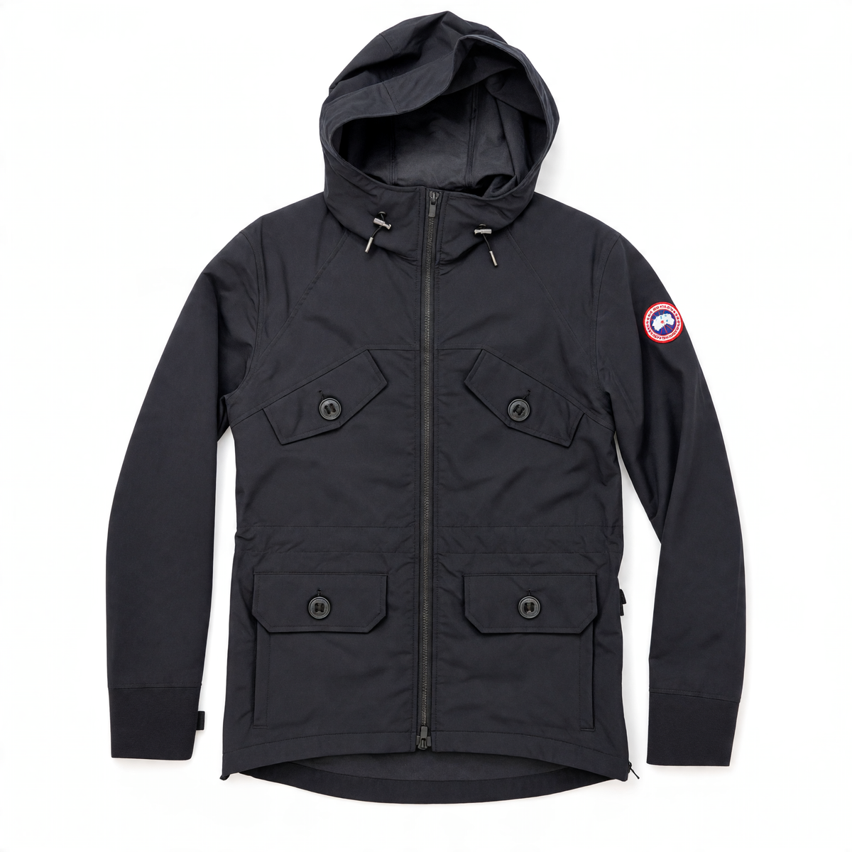 Canada Goose black hooded jacket, size S — ghost mannequin front view