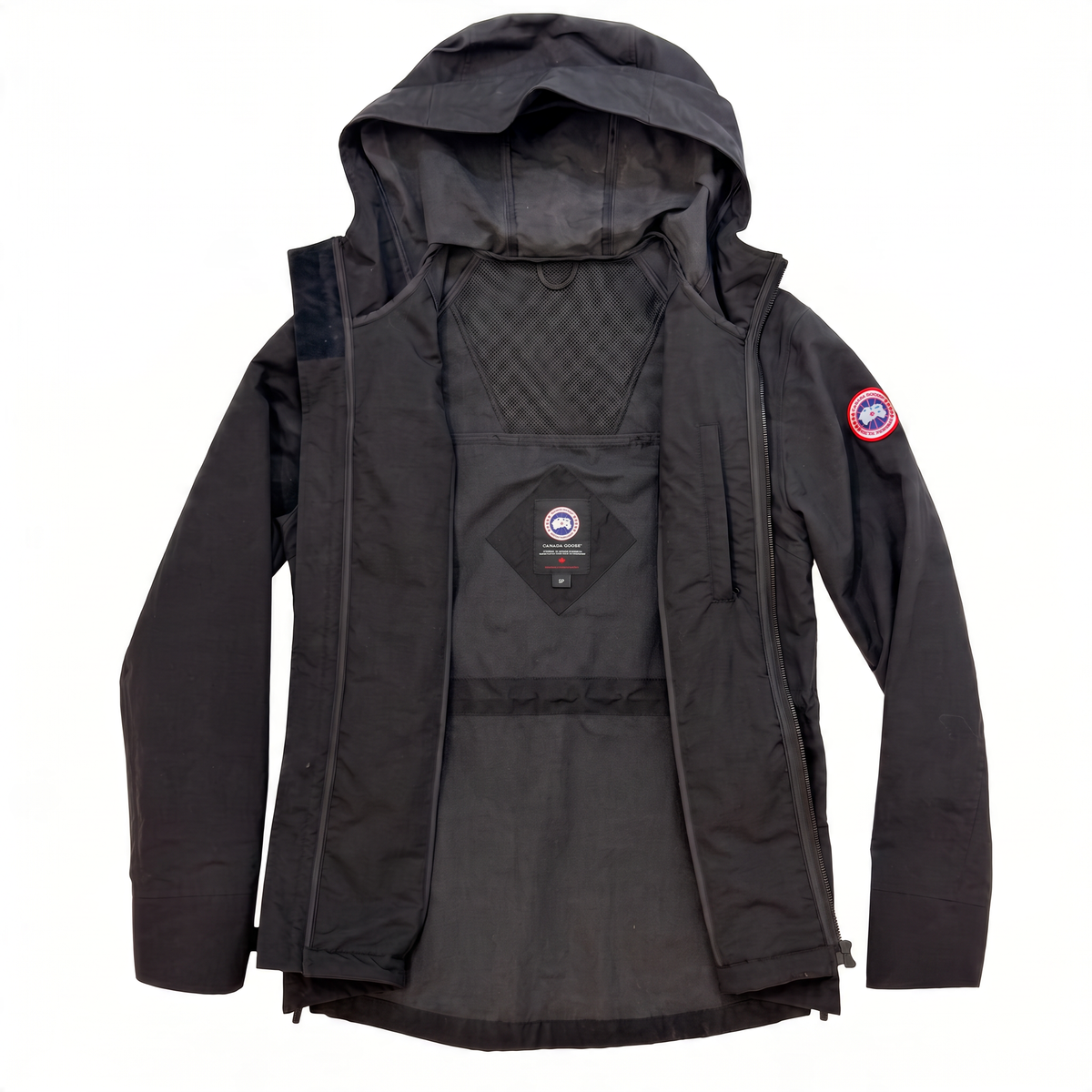 Canada Goose black hooded jacket, size S — Open interior