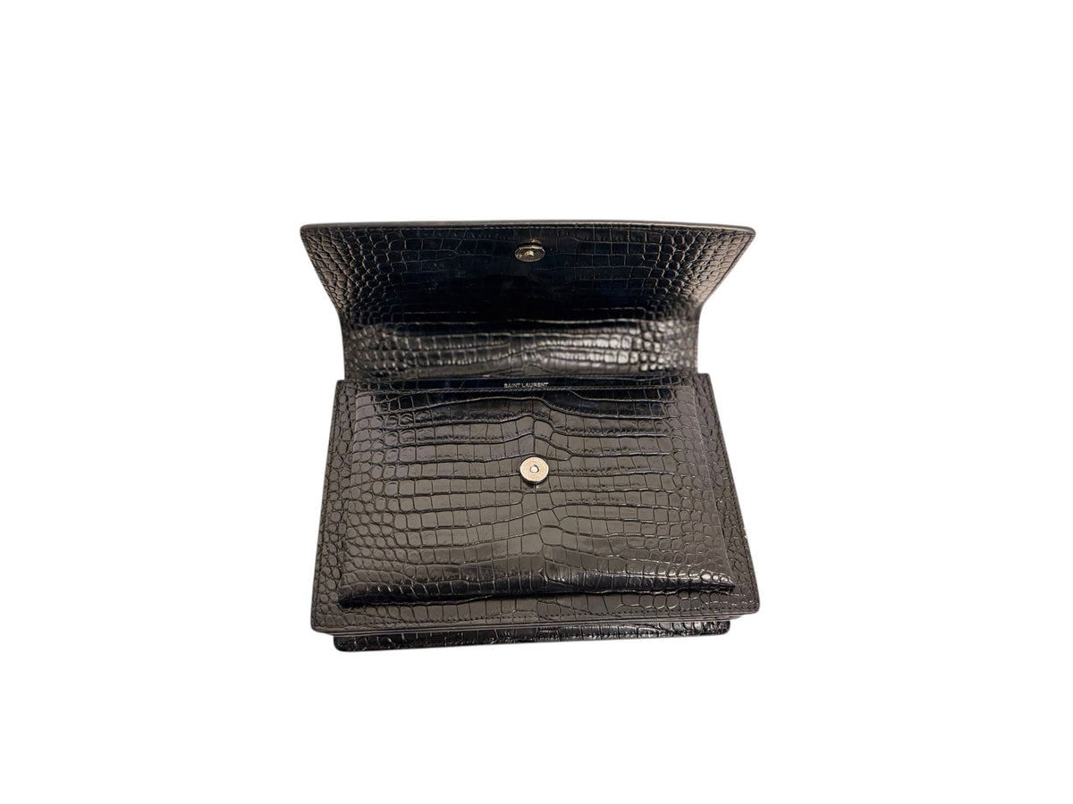 Saint Laurent Sunset Croc Embossed Bag Black Medium