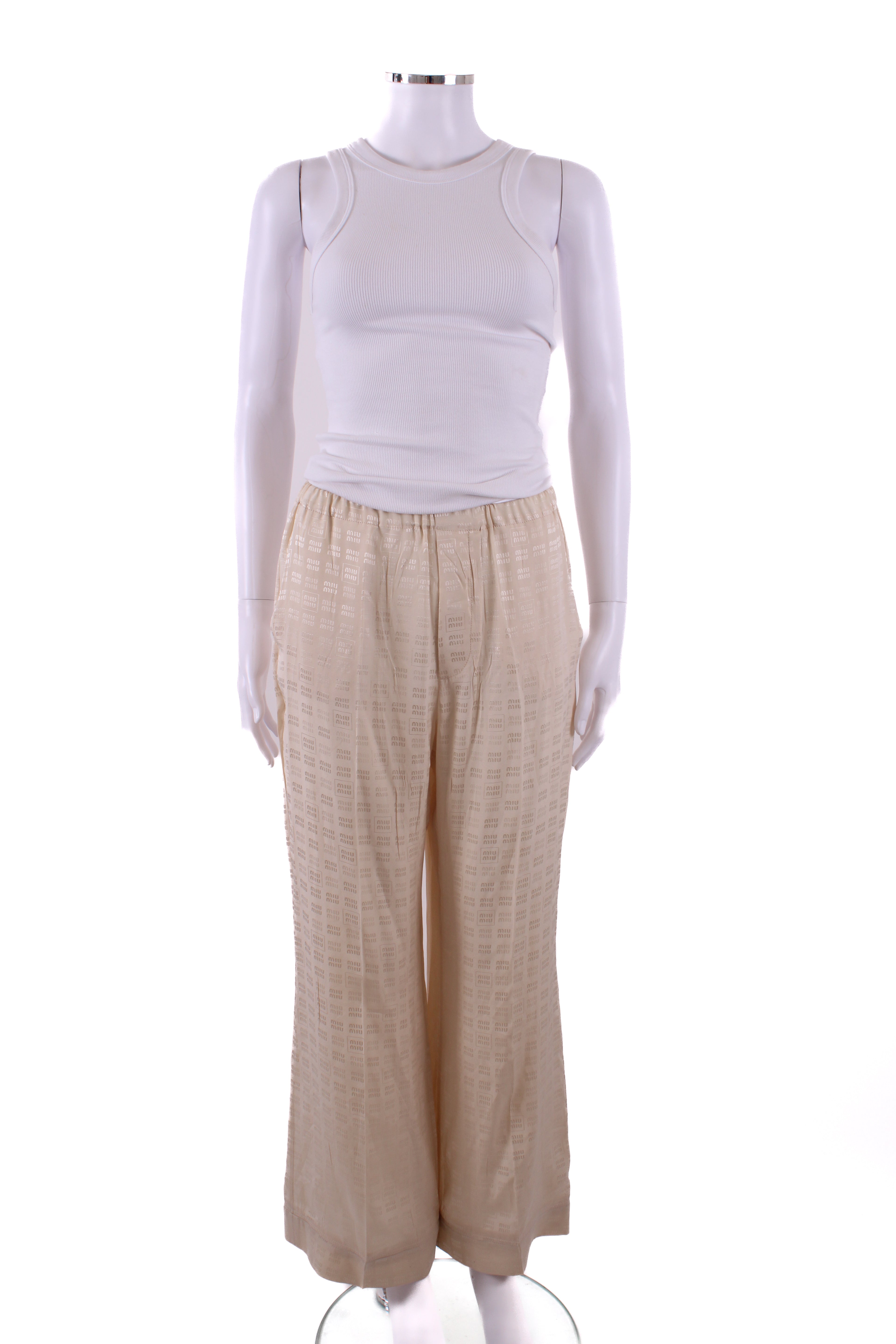 Miu Miu Logo Print Trousers Cream