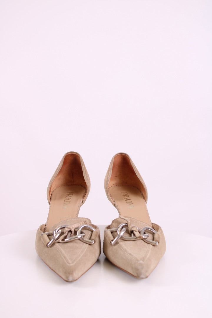 Prada Suede Pointed Kitten Heels Beige 39.5