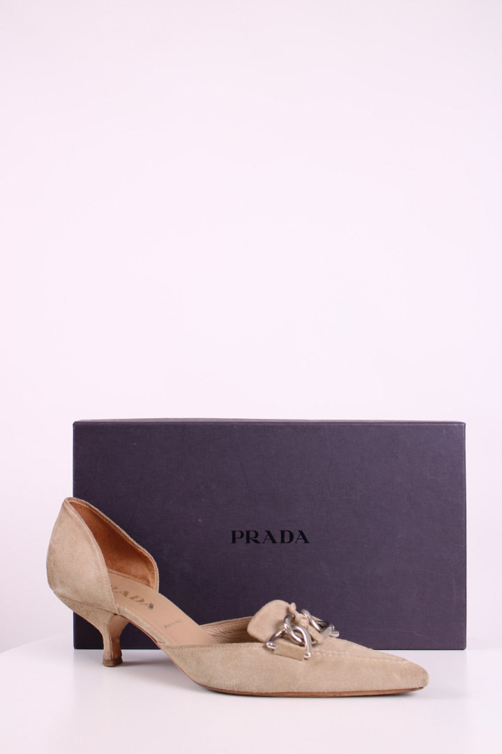 Prada Suede Pointed Kitten Heels Beige 39.5