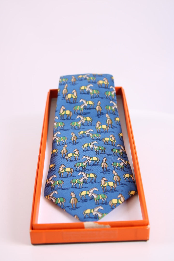 Hermes Horses Tie Blue L
