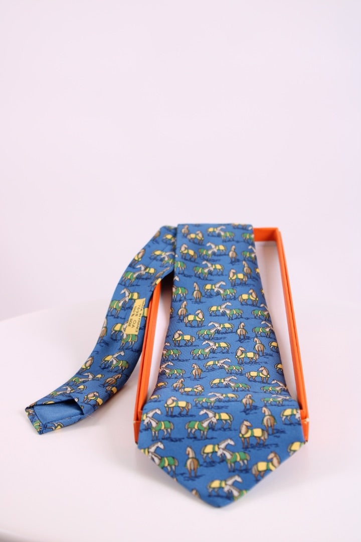 Hermes Horses Tie Blue L
