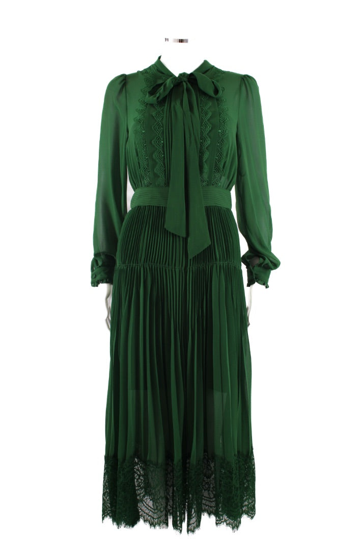 Self Portrait L/S Lace Trim Dress Green 8