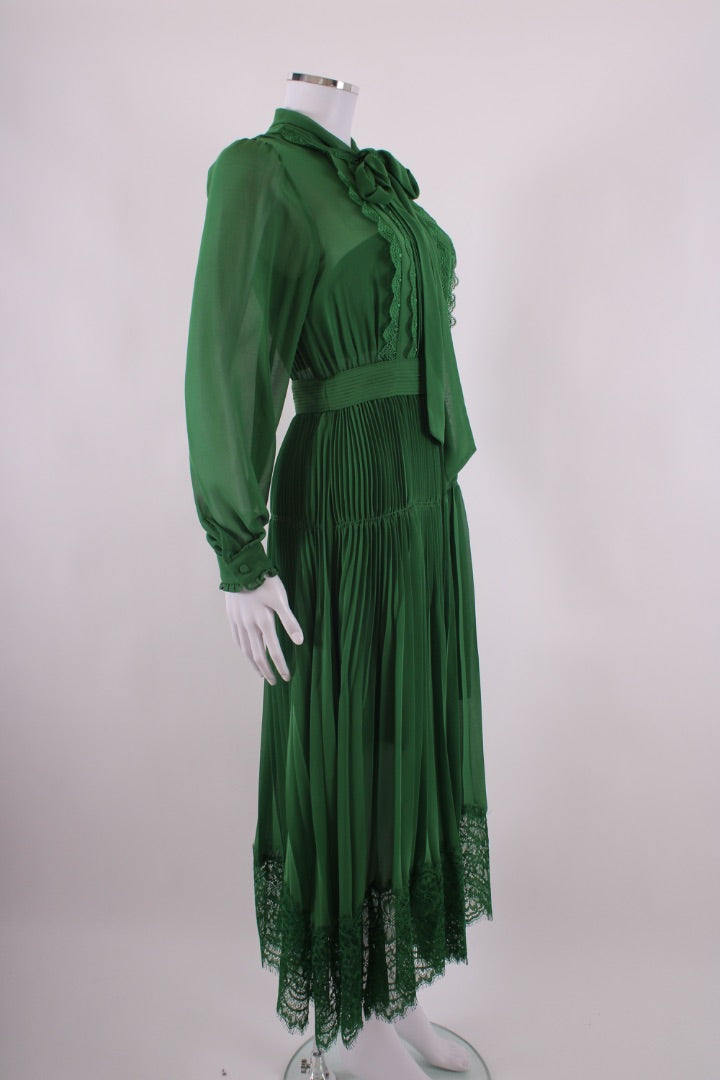 Self Portrait L/S Lace Trim Dress Green 8