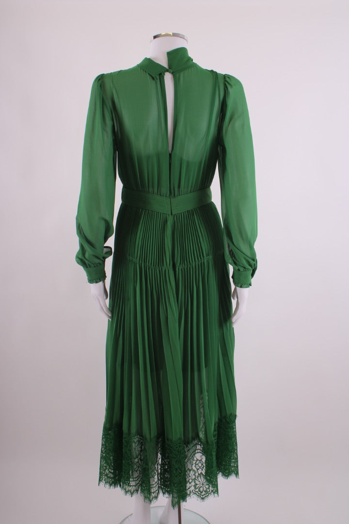 Self Portrait L/S Lace Trim Dress Green 8