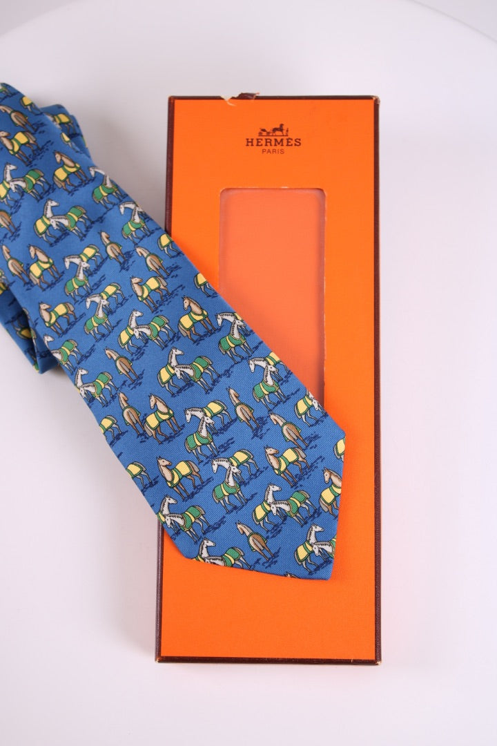 Hermes Horses Tie Blue L