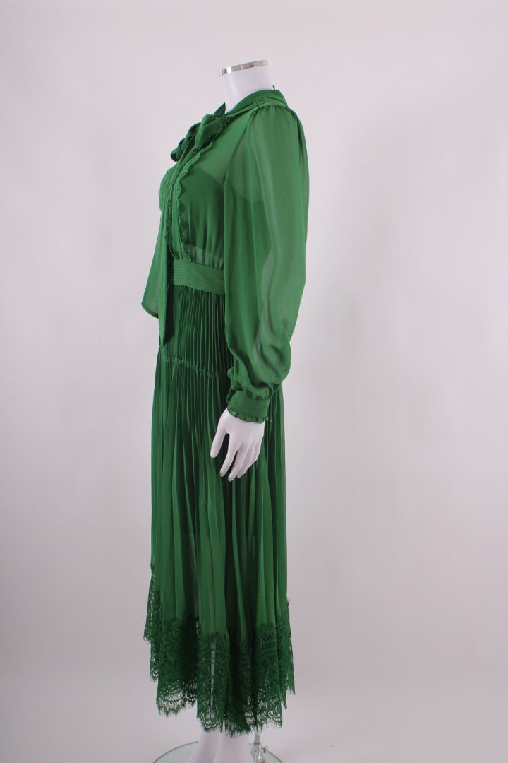 Self Portrait L/S Lace Trim Dress Green 8