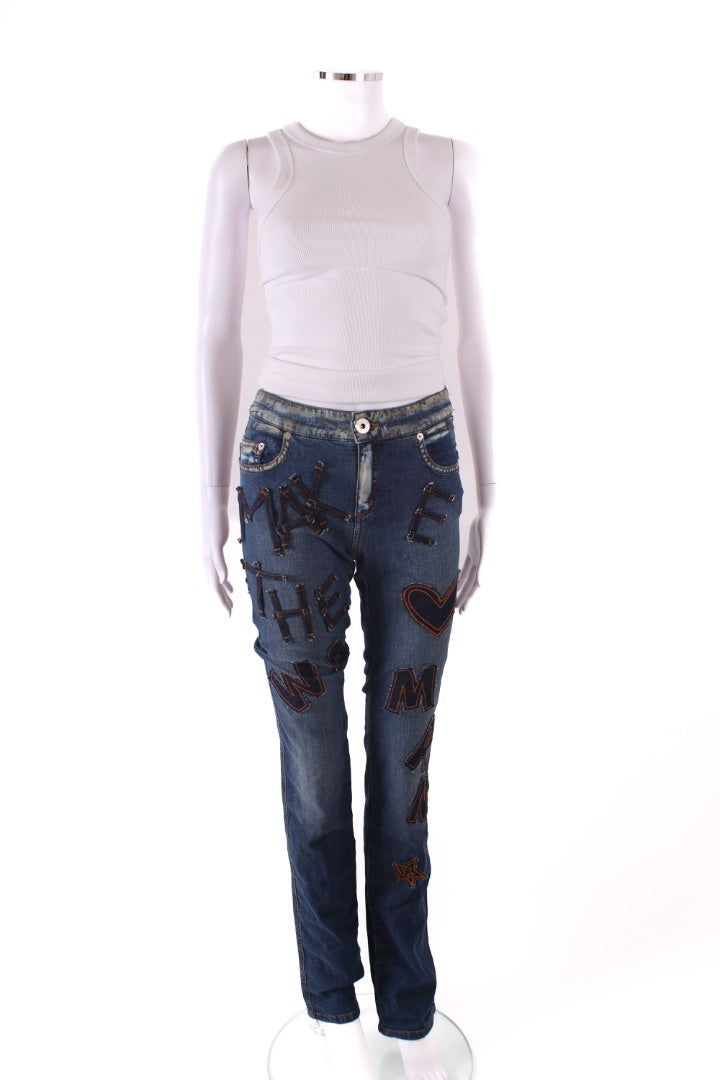 Moschino Jeans Vintage Patch Slogan Jeans Denim 26W