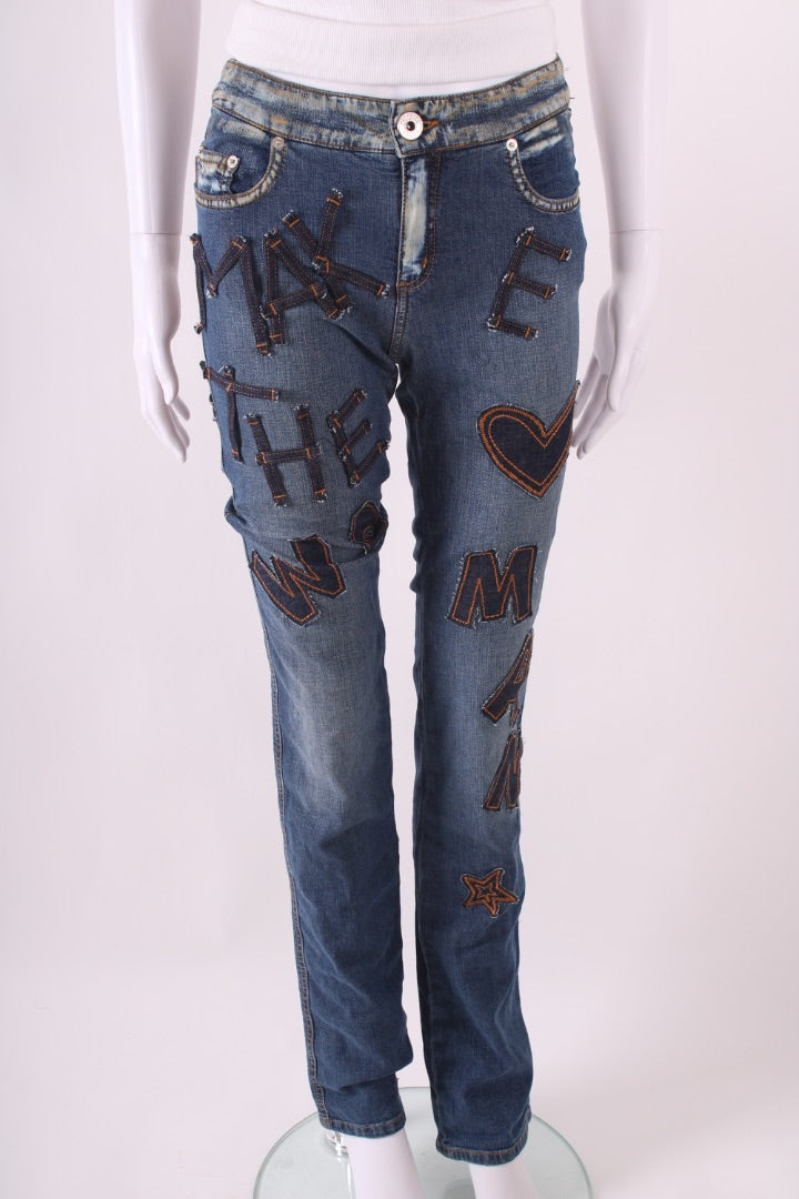 Moschino Jeans Vintage Patch Slogan Jeans Denim 26W