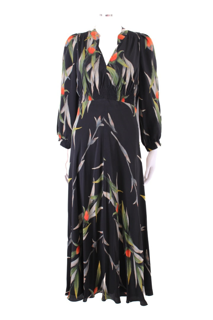Suzannah L/S Floral Birds Of Paradise Dress Black/ Orange 14