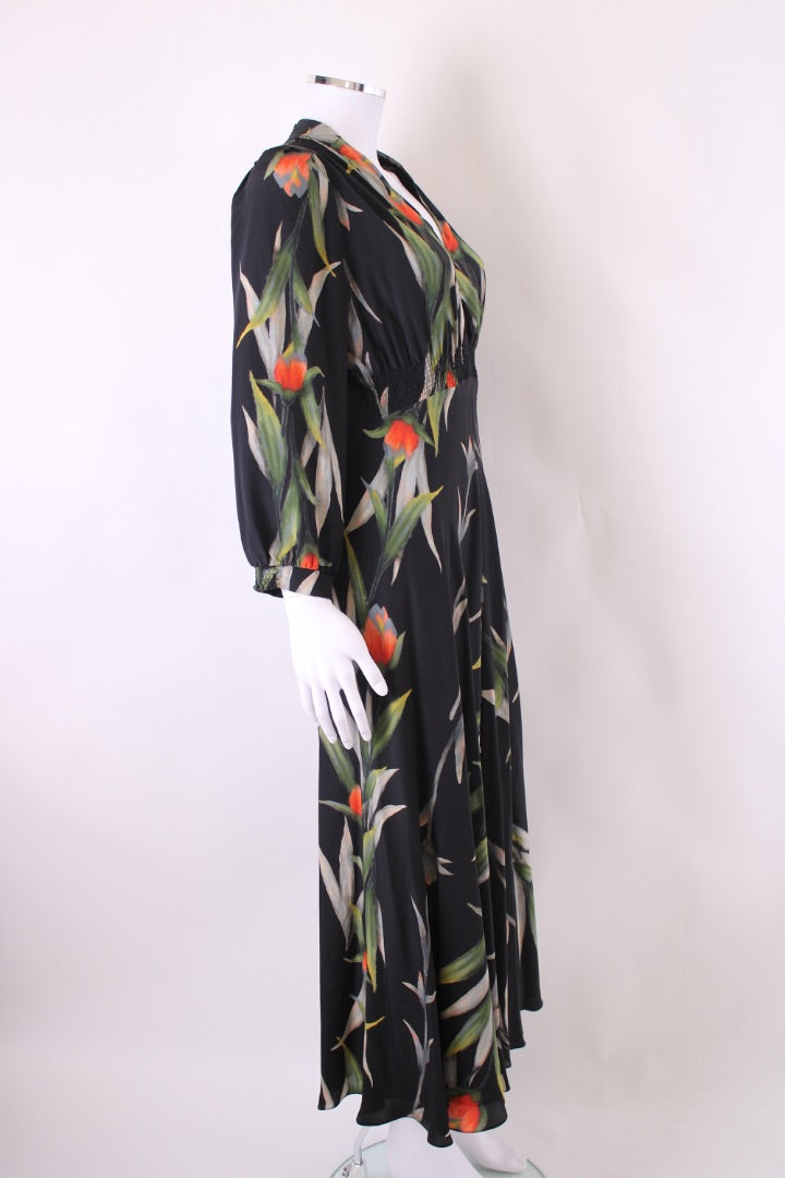 Suzannah L/S Floral Birds Of Paradise Dress Black/ Orange 14