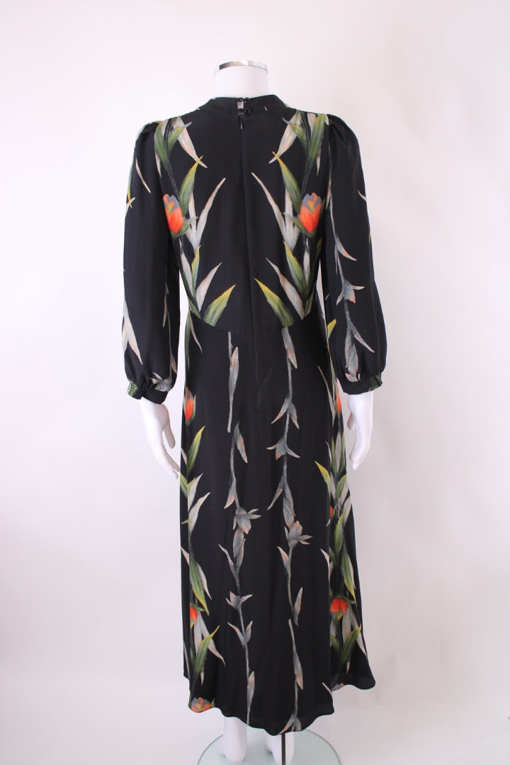 Suzannah L/S Floral Birds Of Paradise Dress Black/ Orange 14