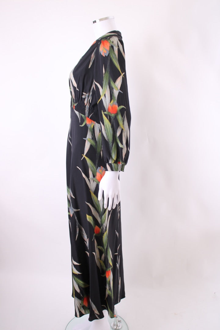 Suzannah L/S Floral Birds Of Paradise Dress Black/ Orange 14