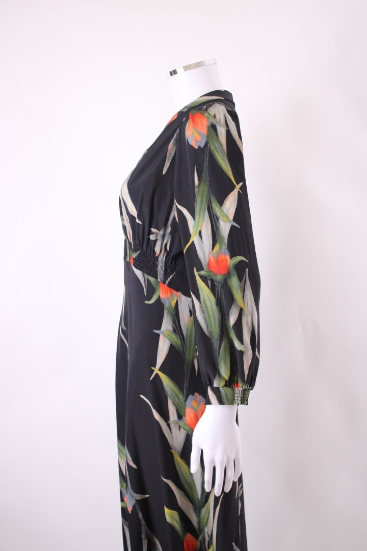 Suzannah L/S Floral Birds Of Paradise Dress Black/ Orange 14