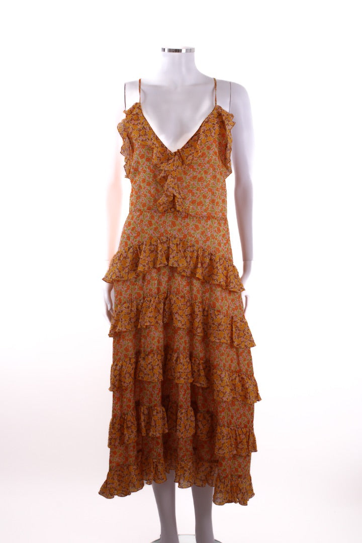 Maje Paisley Print Frill Dress Orange 36