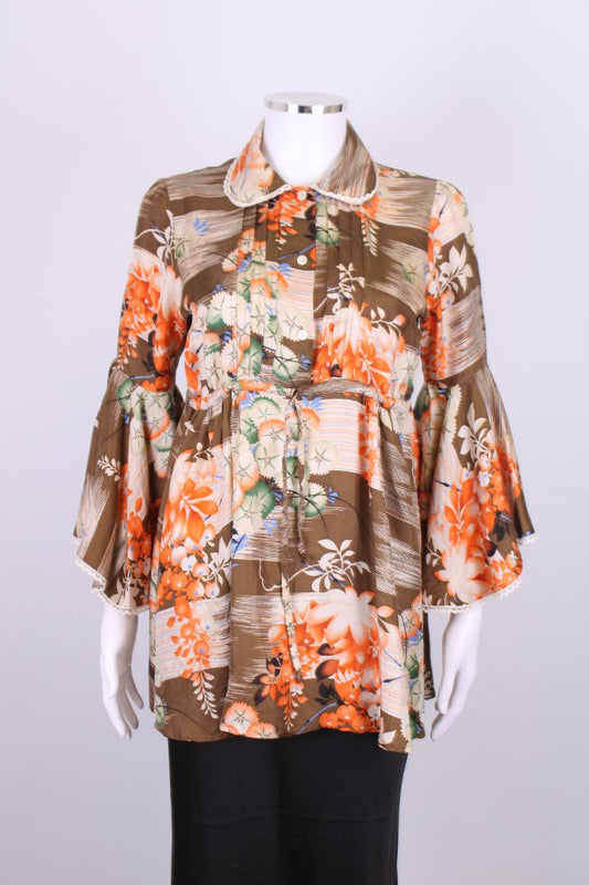 Paul & Joe Floral Print Tunic Top Khaki/ Orange M