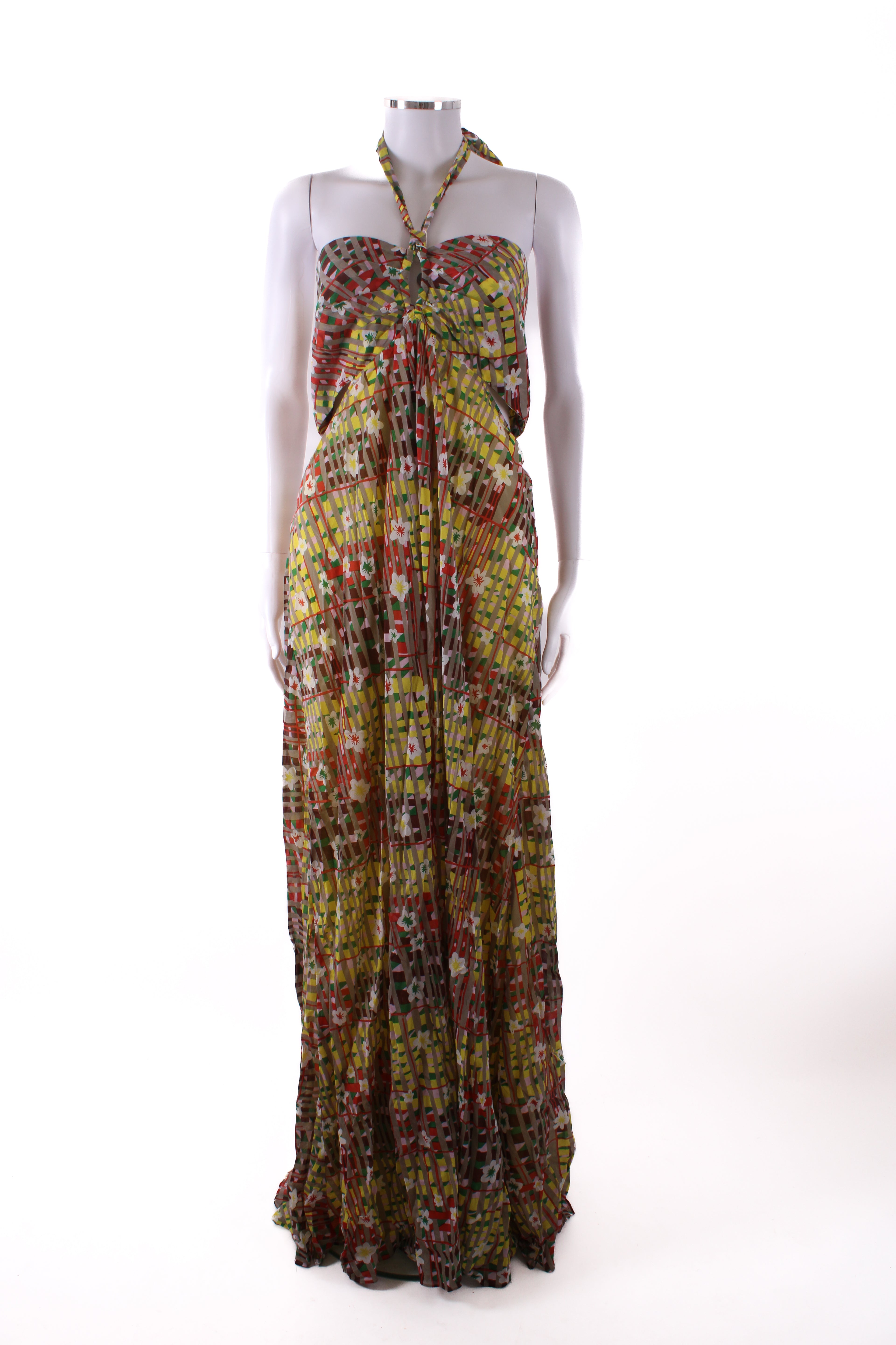 Diane Von Furstenberg Floral Halter Neck Dress Yellow/ Grey XL