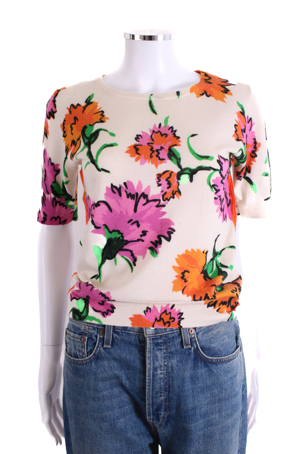 Escada S/S Floral Print Knit Top Cream/ Pink S