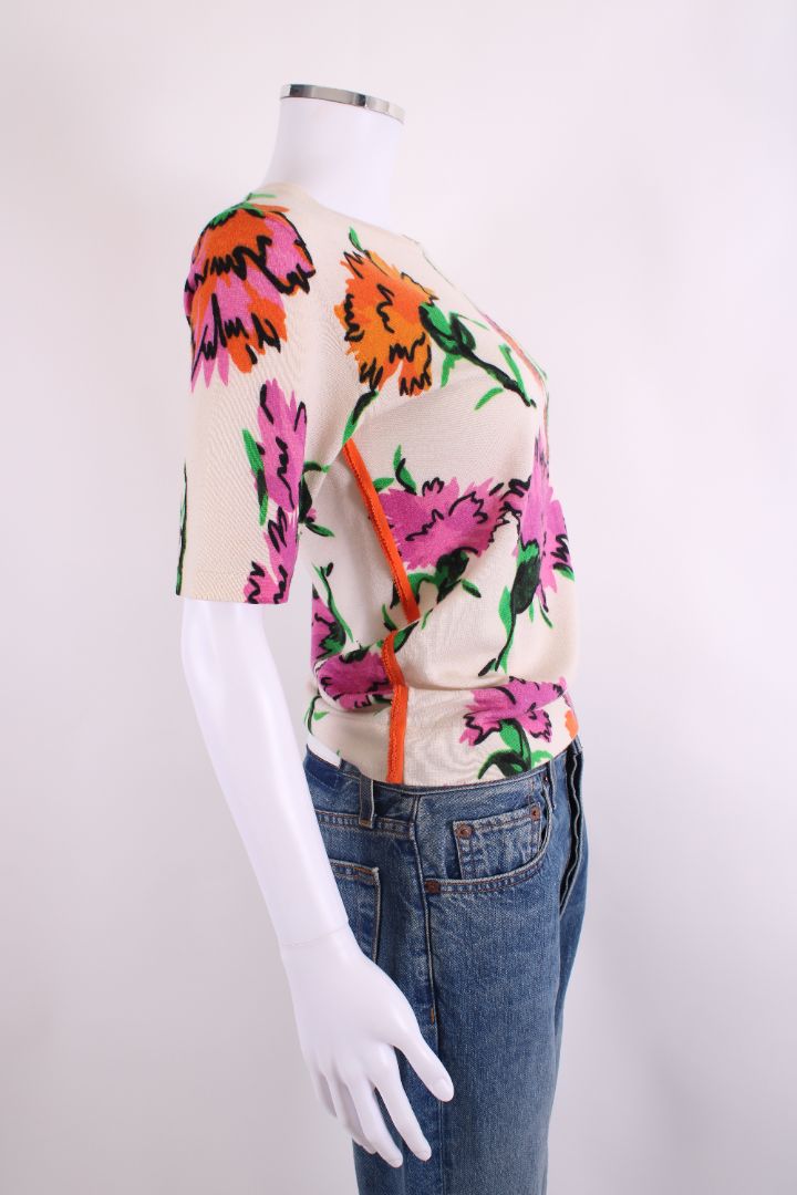 Escada S/S Floral Print Knit Top Cream/ Pink S
