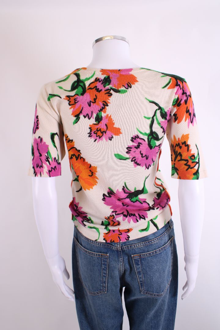 Escada S/S Floral Print Knit Top Cream/ Pink S