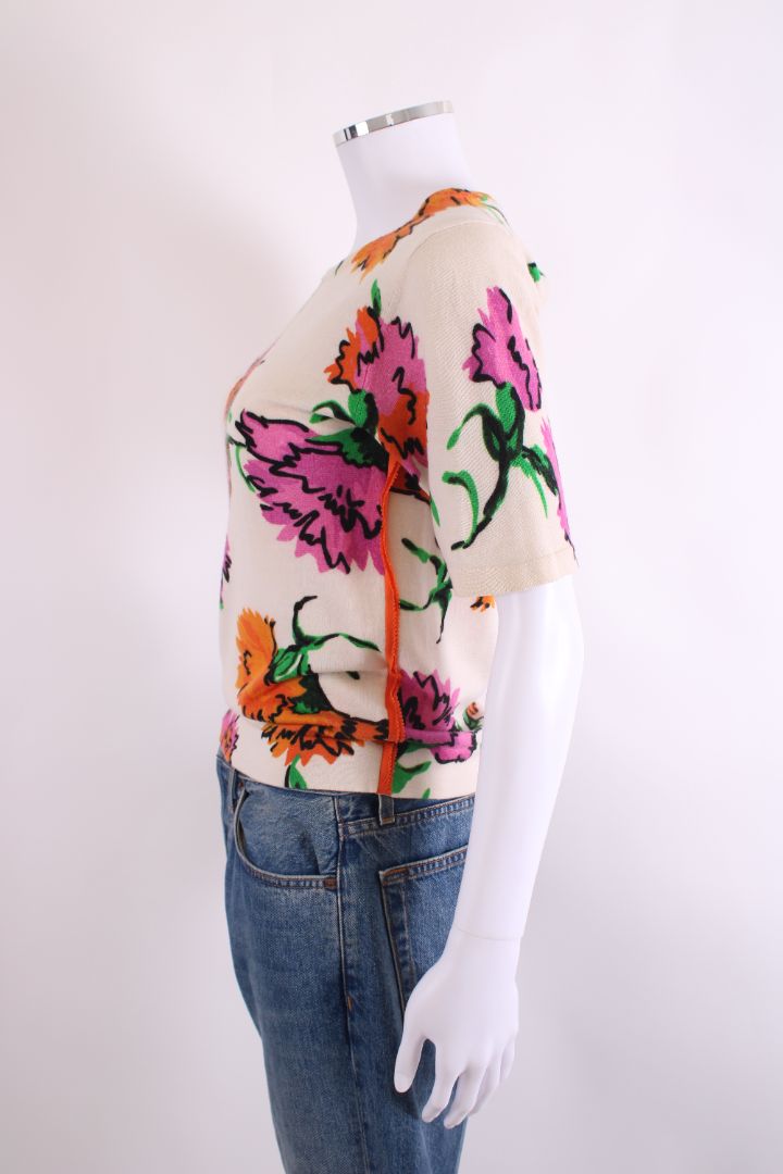 Escada S/S Floral Print Knit Top Cream/ Pink S