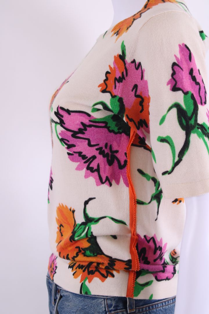 Escada S/S Floral Print Knit Top Cream/ Pink S