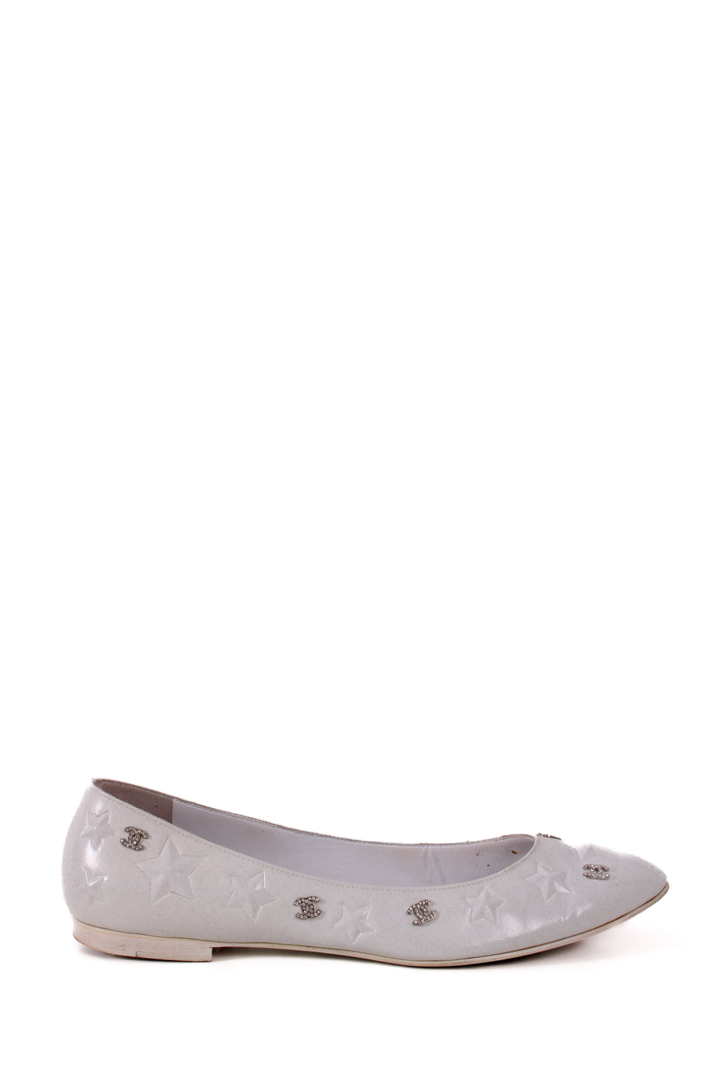Chanel CC Star Embellished Glitter Flats White/ Silver 40.5