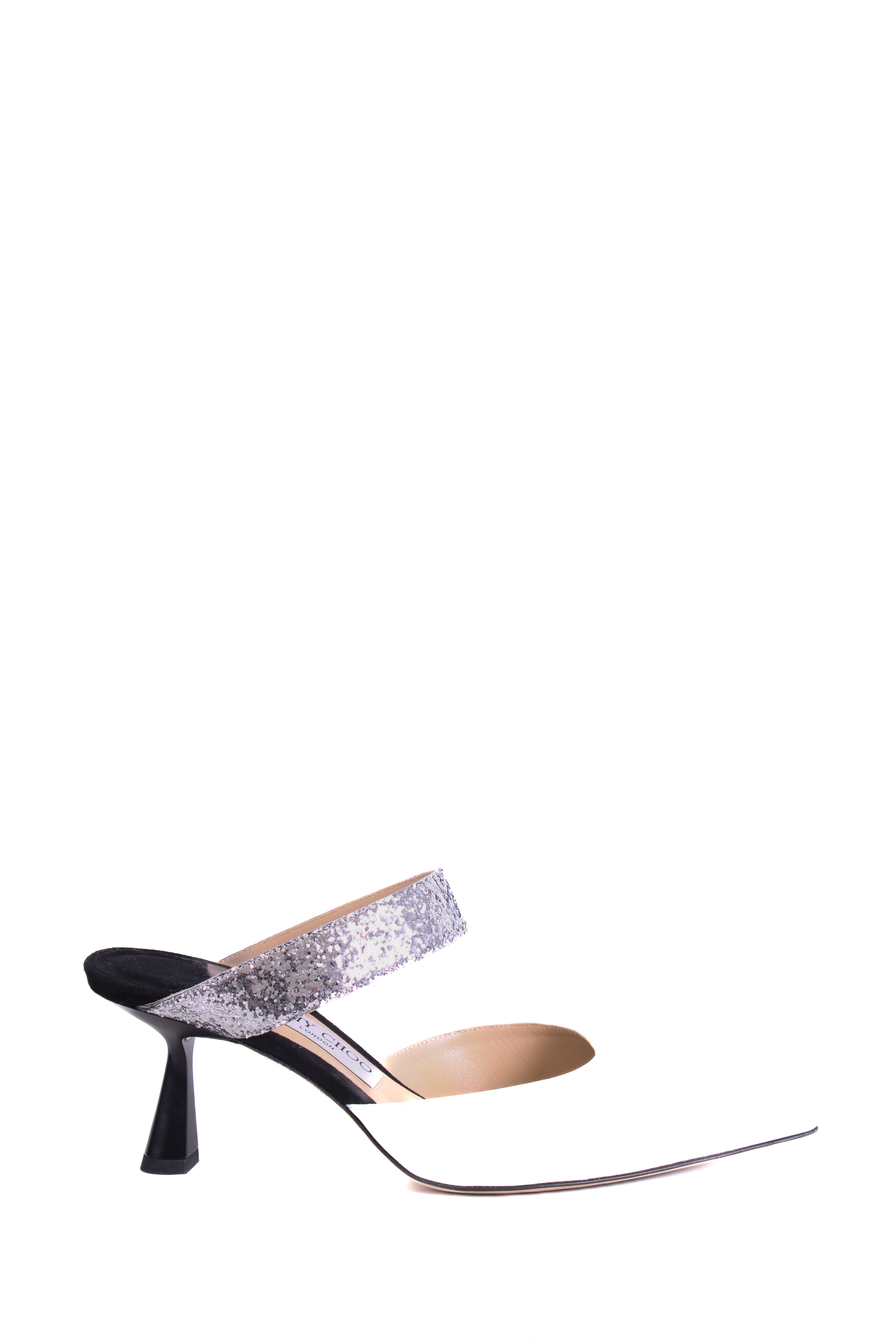 Jimmy Choo Patent/ Sequin Strap Mules White/ Silver 38.5