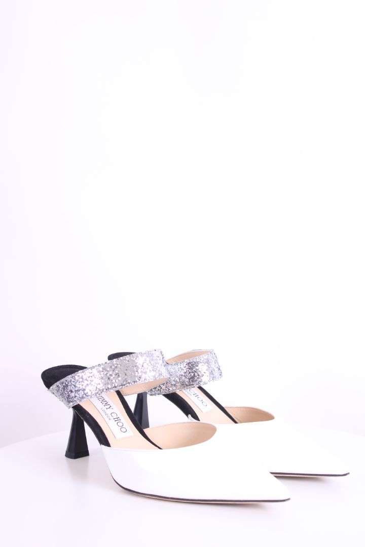 Jimmy Choo Patent/ Sequin Strap Mules White/ Silver 38.5