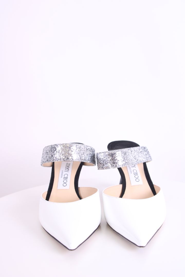 Jimmy Choo Patent/ Sequin Strap Mules White/ Silver 38.5
