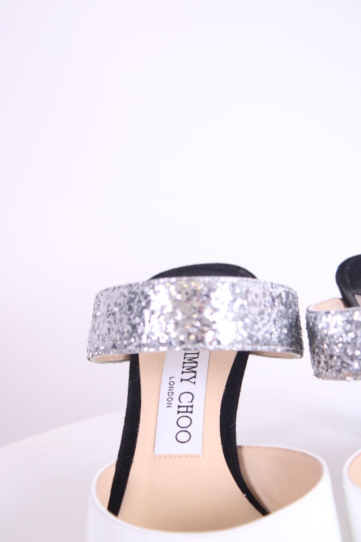 Jimmy Choo Patent/ Sequin Strap Mules White/ Silver 38.5