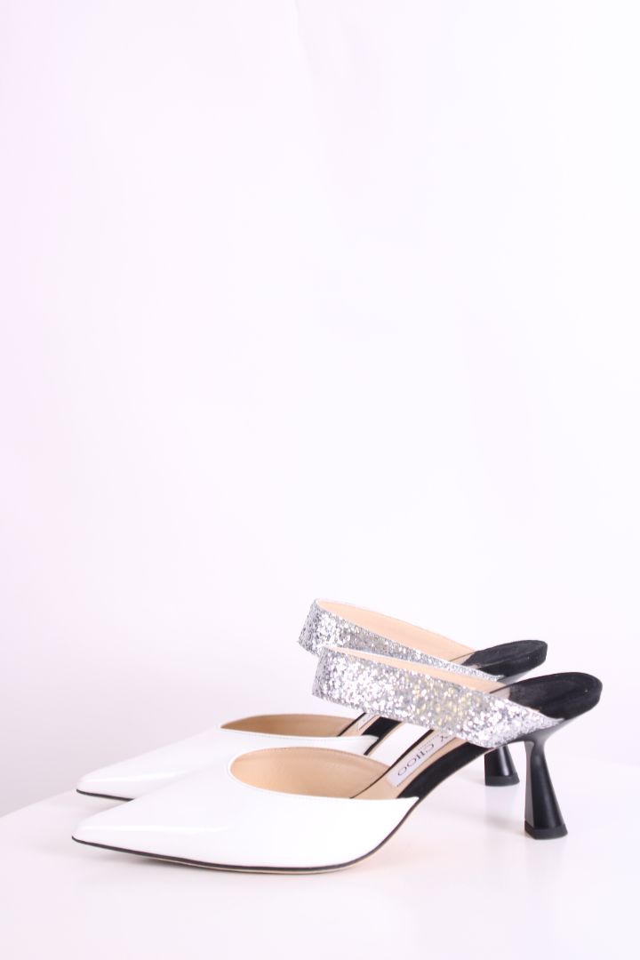 Jimmy Choo Patent/ Sequin Strap Mules White/ Silver 38.5